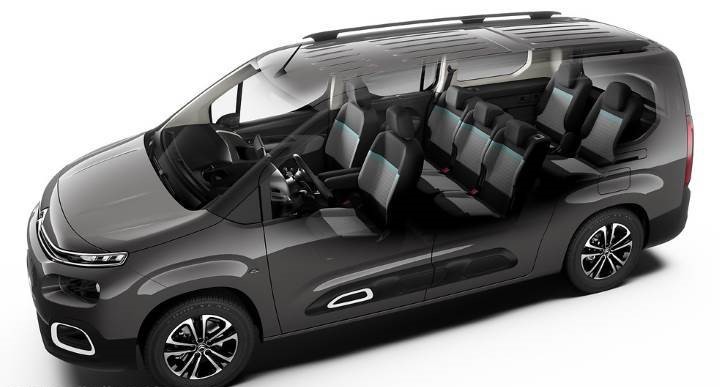 Naxos 7 seater car rental Citroen Berlingo interior layout showing seating capacity for families and groups