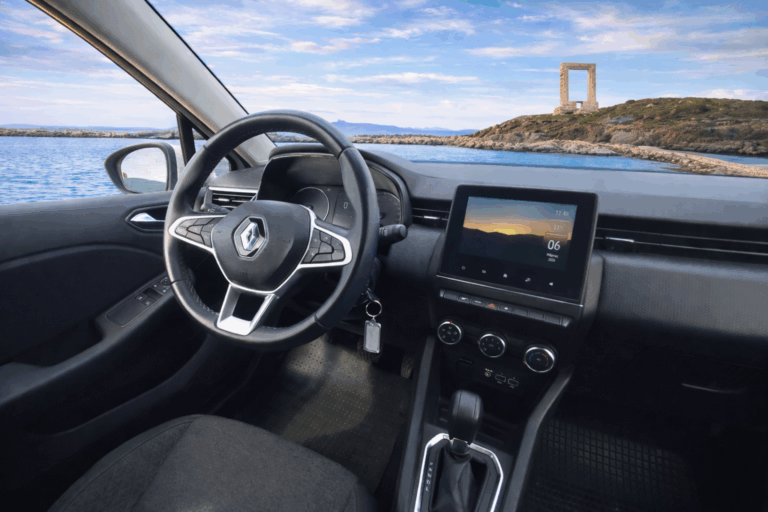 automatic car rental Naxos dashboard view with Portara